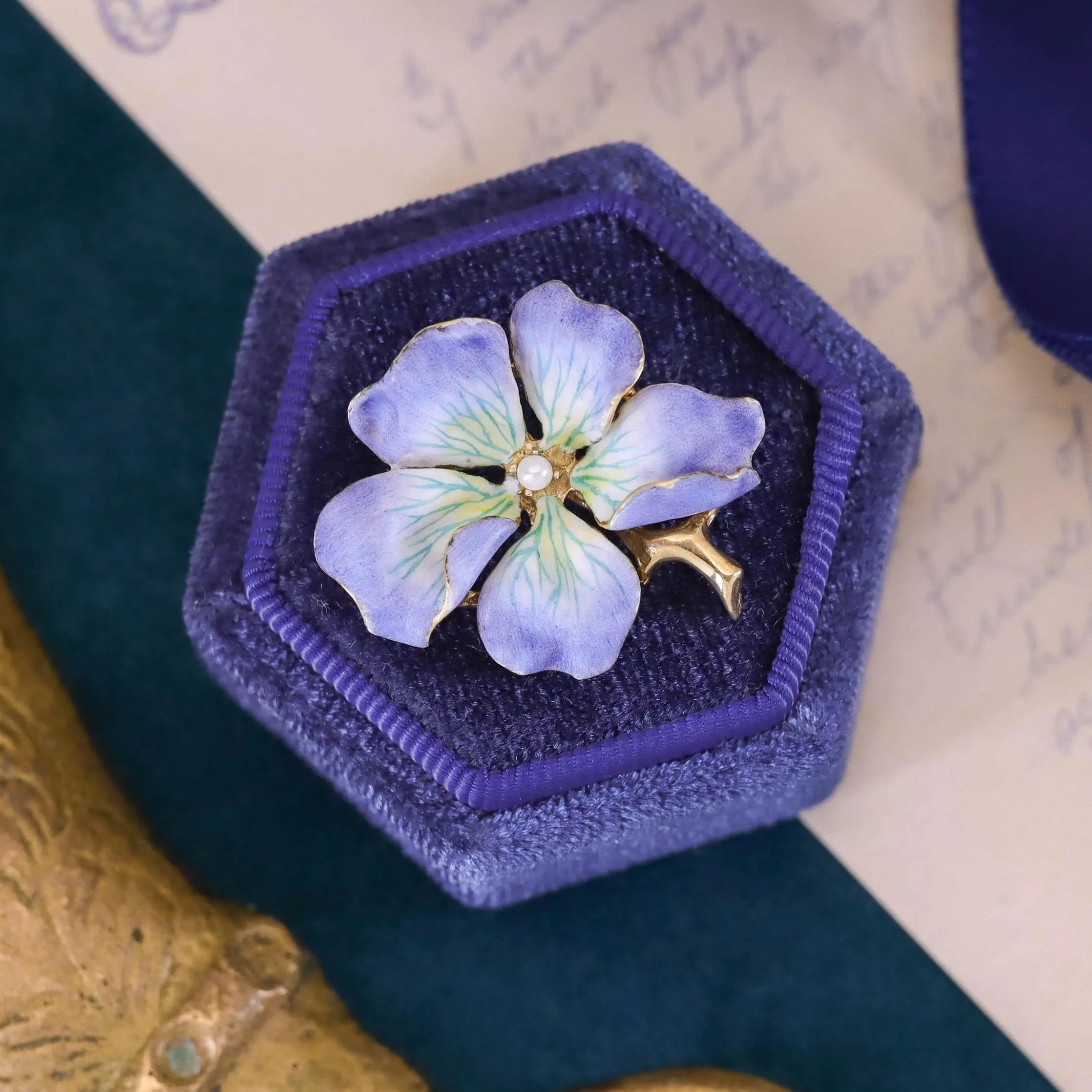 Vintage Purple Enamel Flower Brooch of 14k Gold
