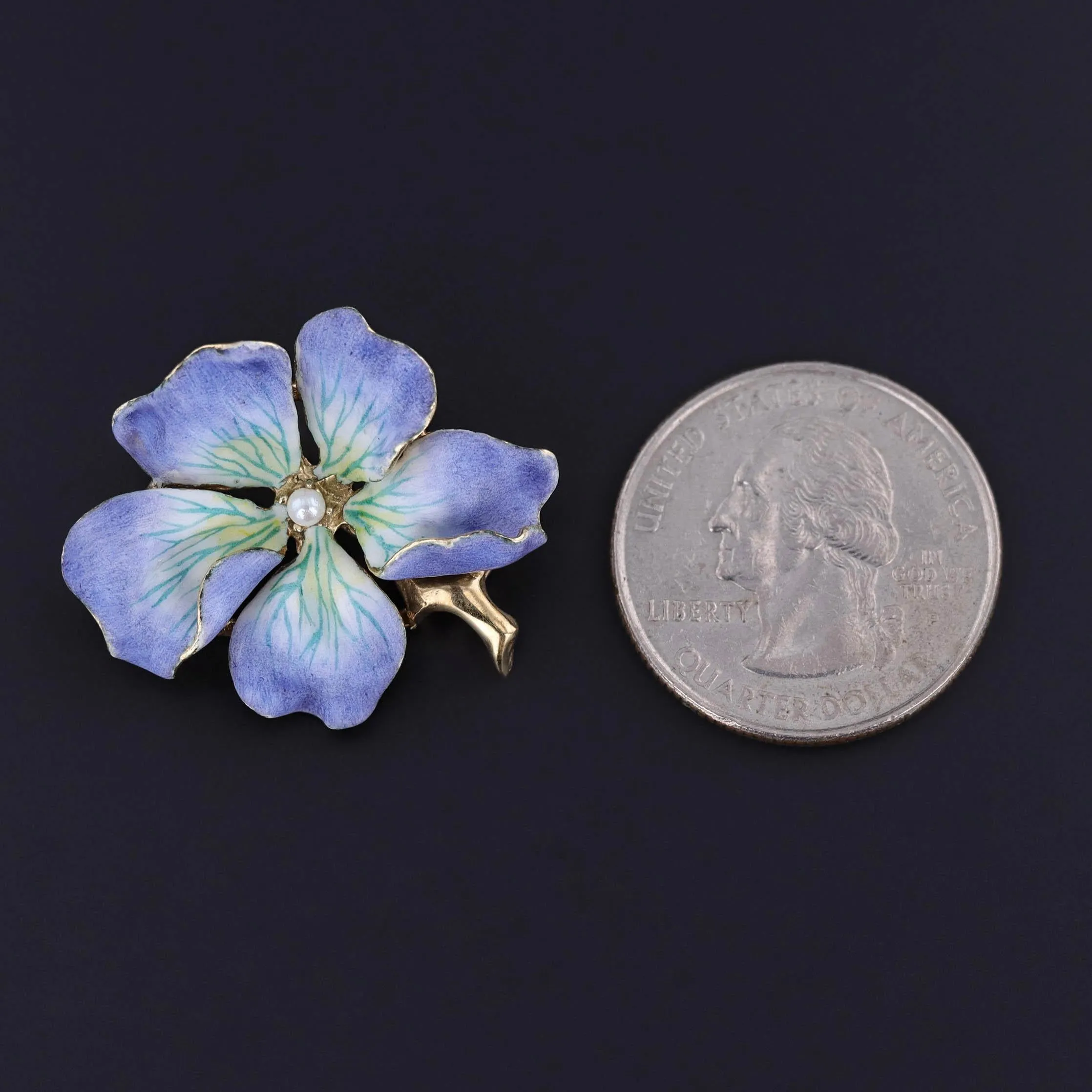 Vintage Purple Enamel Flower Brooch of 14k Gold