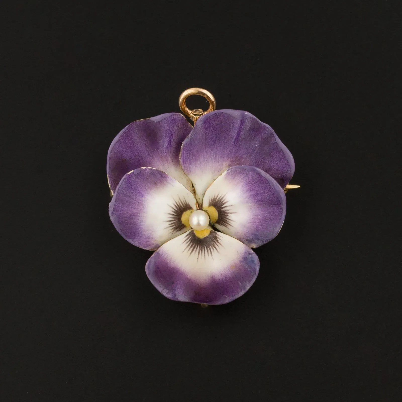 Vintage Purple Enamel Pansy Brooch of 14k Gold