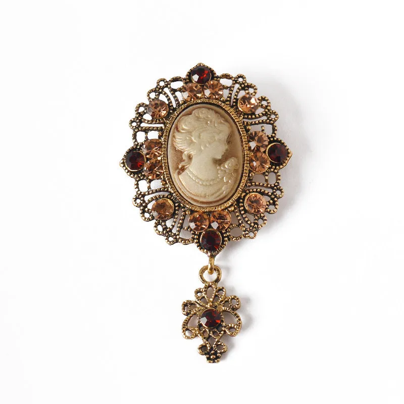 Vintage Queen Relief Metal Brooch with Rhinestones 2 Pack(Gold and Silver)