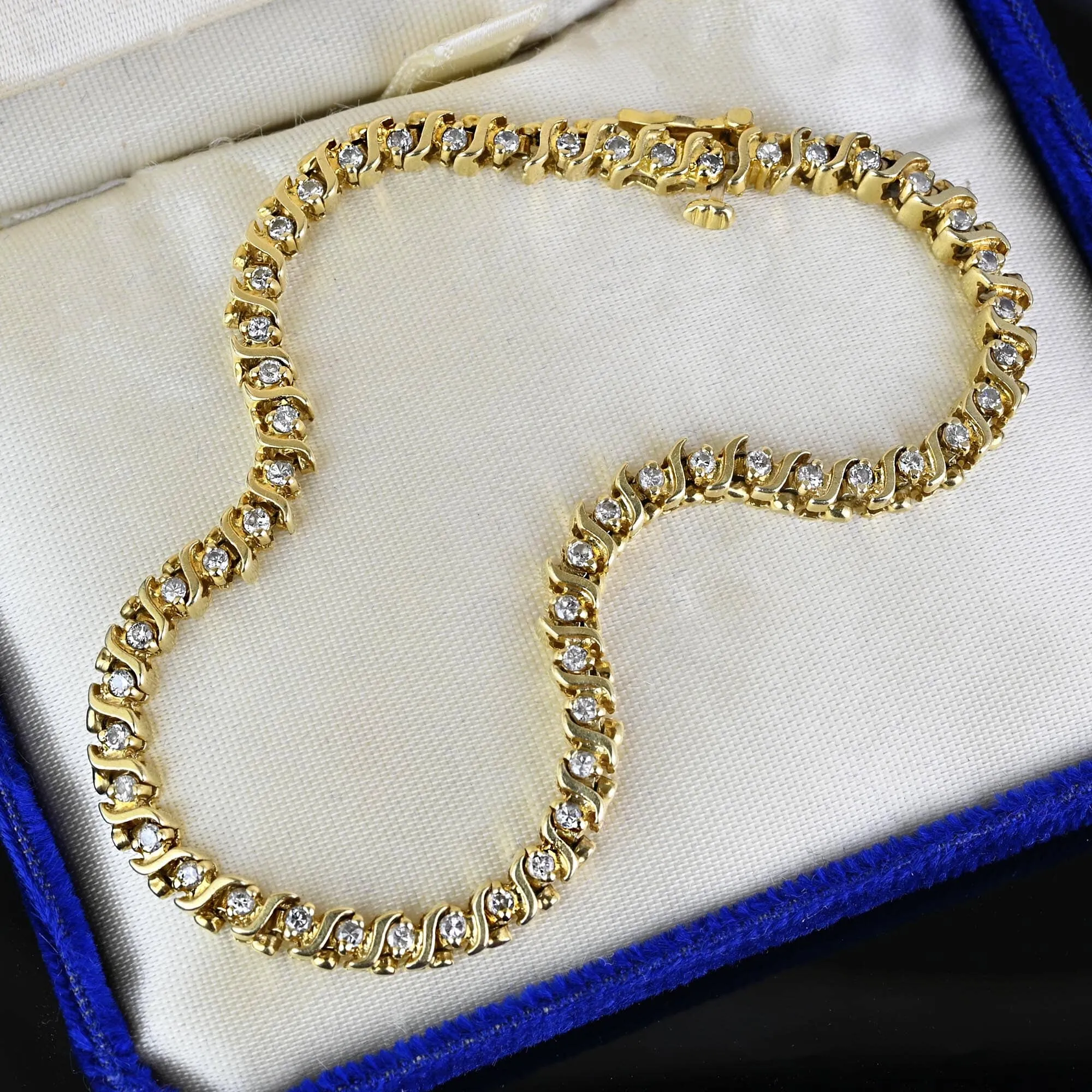 Vintage S Curve 14K Gold Diamond Tennis Bracelet