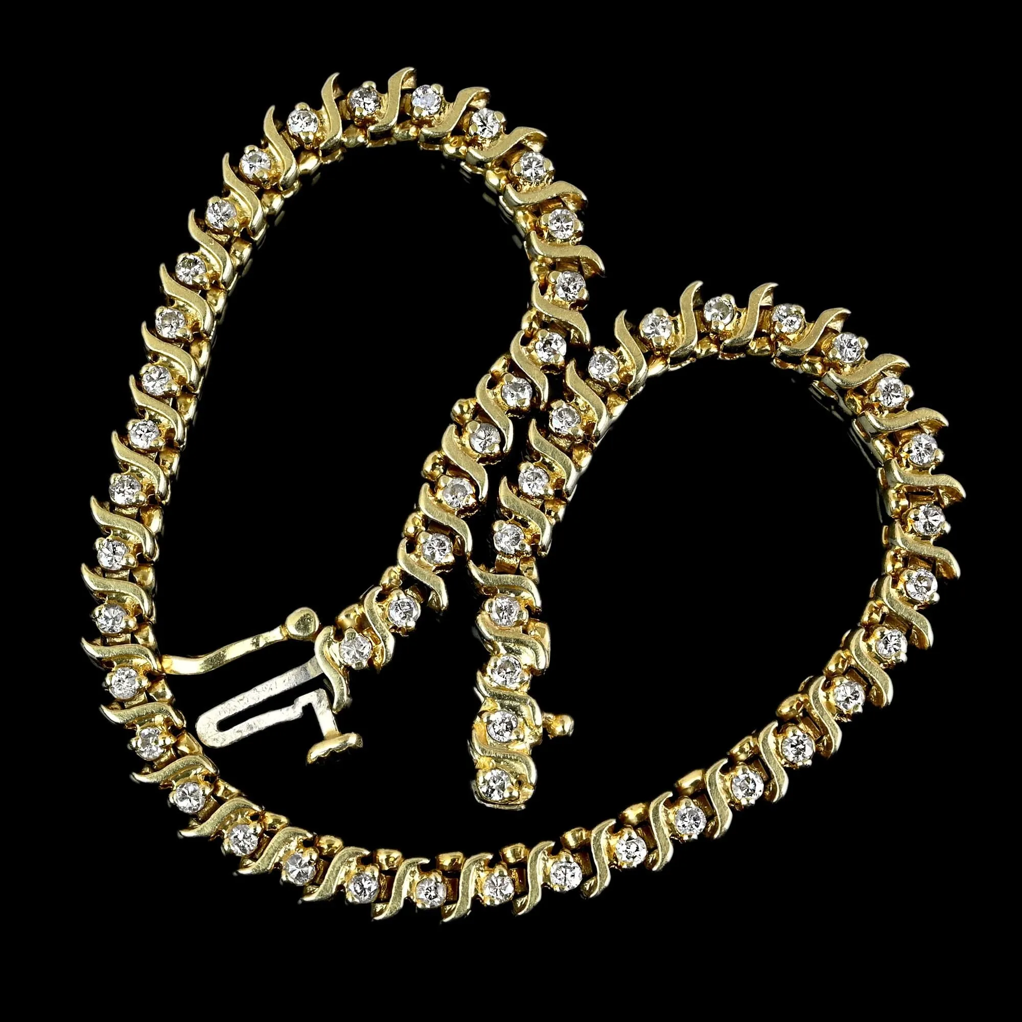 Vintage S Curve 14K Gold Diamond Tennis Bracelet
