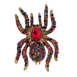 Vintage Spider Brooch Pin, Multicolor Crystal Rhinestones, Antique Gold Tone