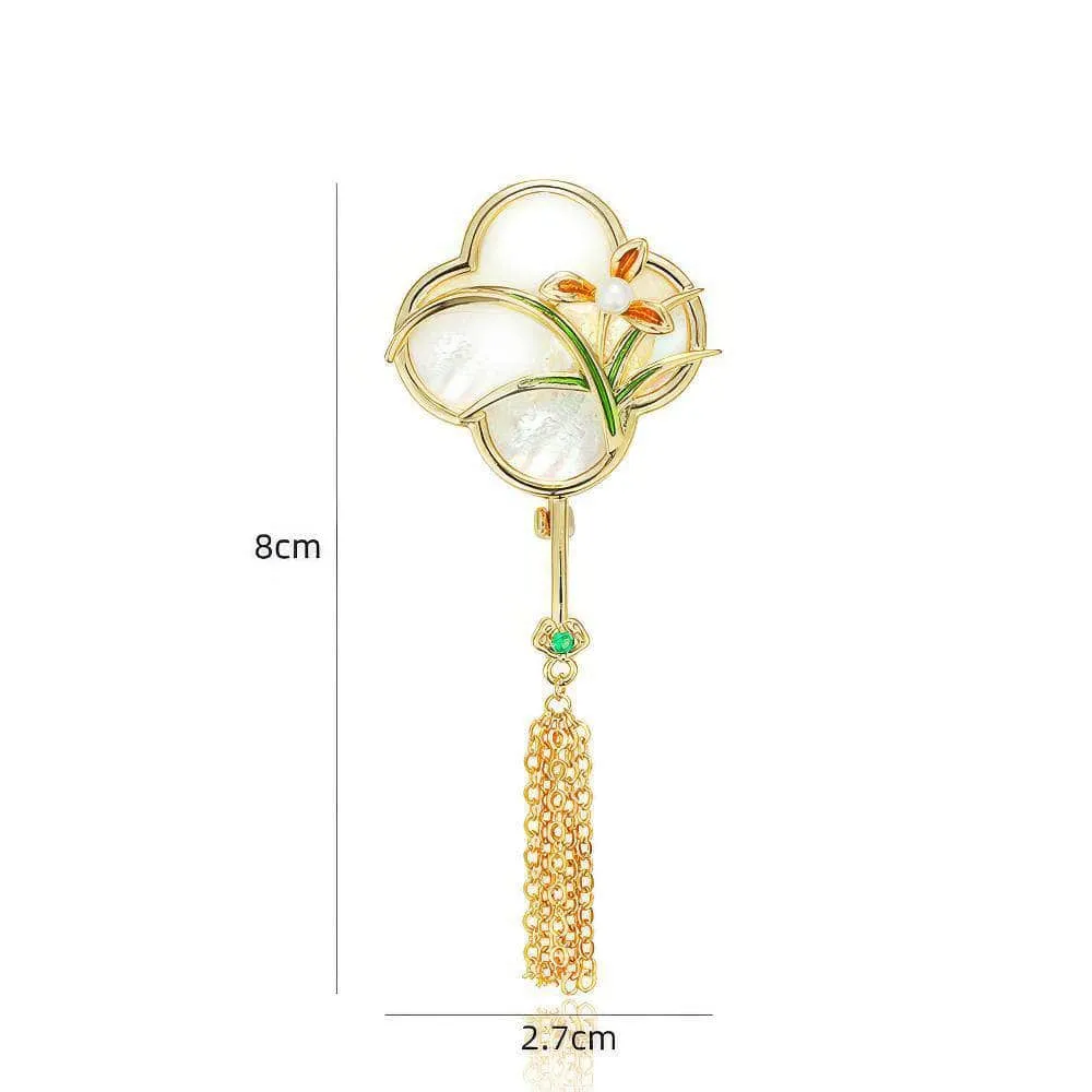 Vintage White Floral Gold Tassel Brooch