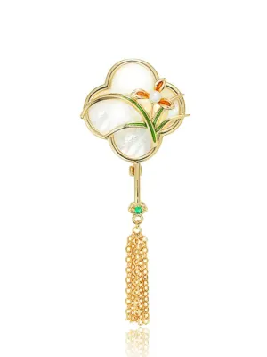 Vintage White Floral Gold Tassel Brooch