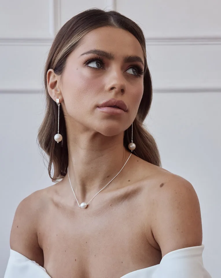 wedding earrings - simple and stylish chain and pearl drop - Ada by Lola Knight