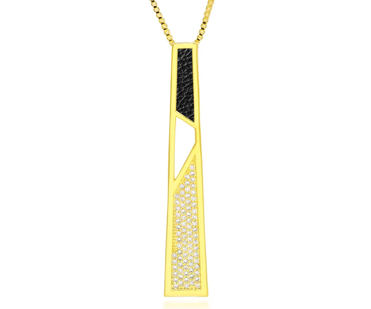 XLarge Geometric Leather Inlay Crystal Gold Necklace
